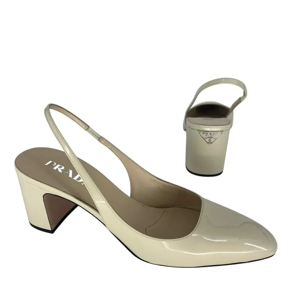 Prada Triangle Logo Patent Leather Slingback Pumps Ivory 40 - Picture 2 of 15